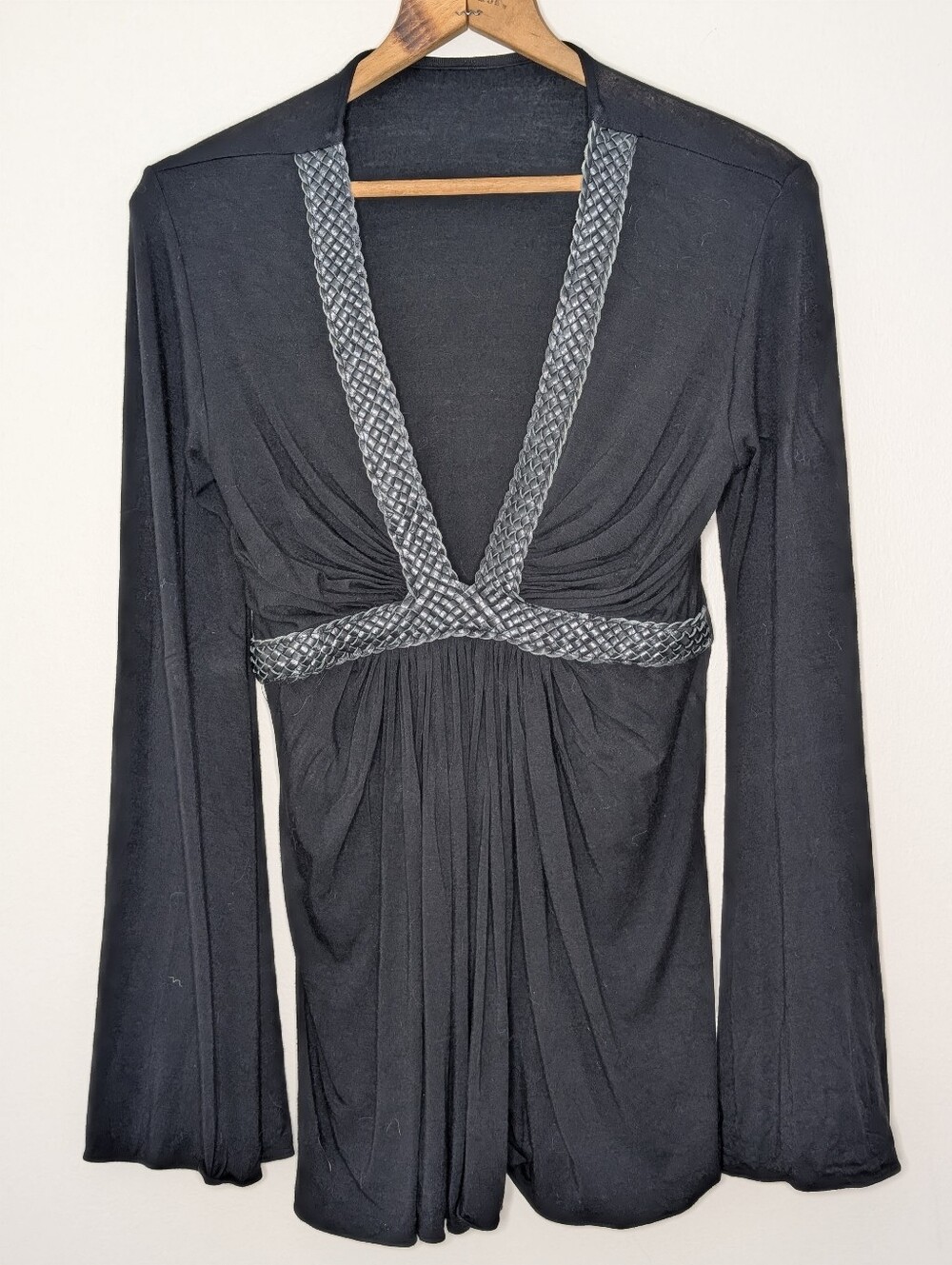 Sky Black Braided Leather Deep V Neck Tunic Bell Sleeve Pleated Top Women's XS